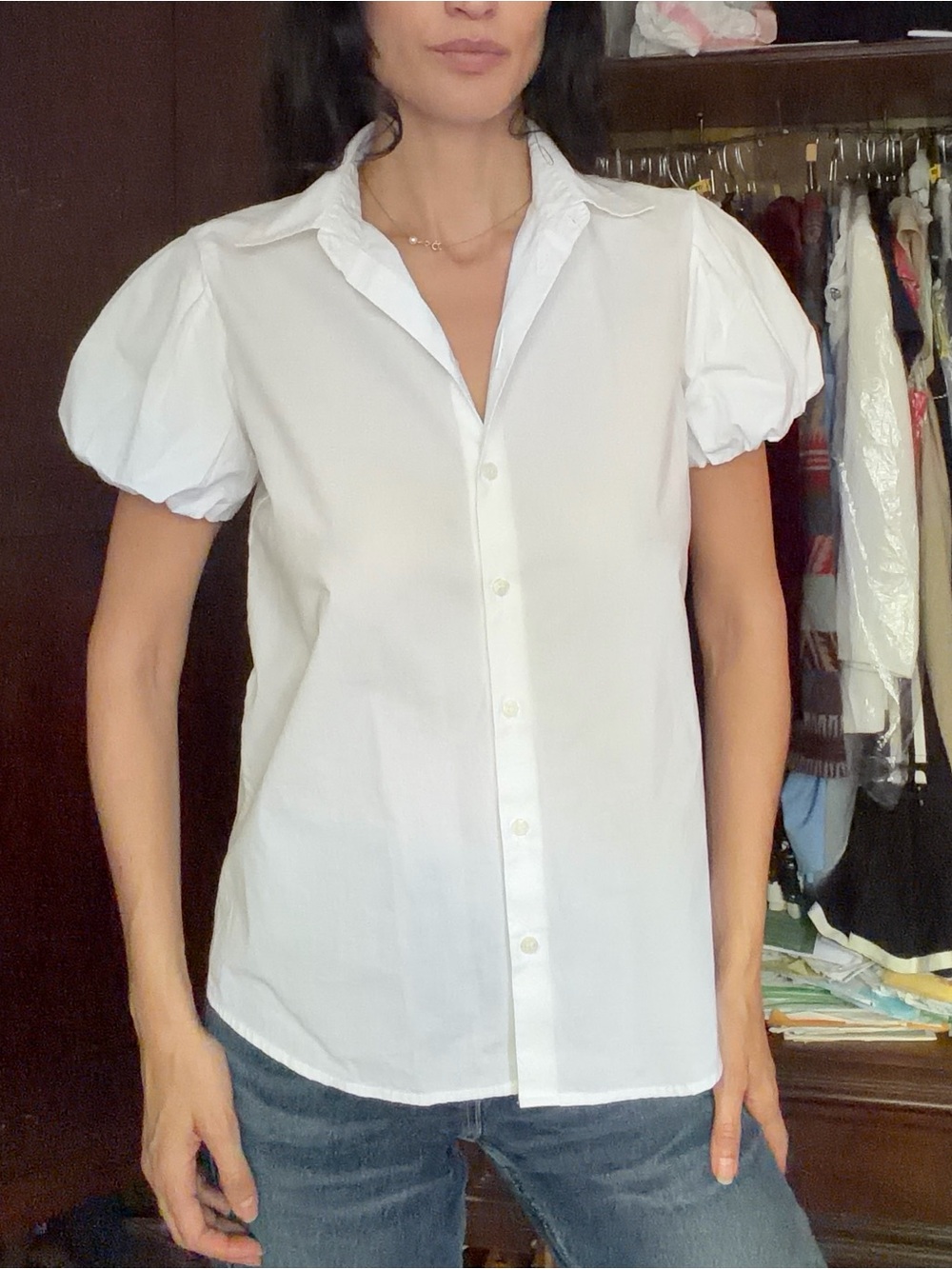 Women's White Puff-Sleeve Button-Down Shirt